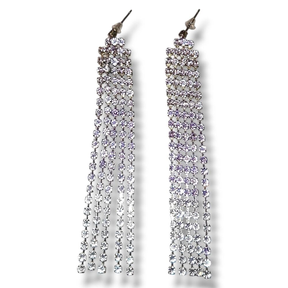 Long Purple & Silver‎ Tone Rhinestone Waterfall Chandelier Dangle Earrings 4" - Picture 4 of 7